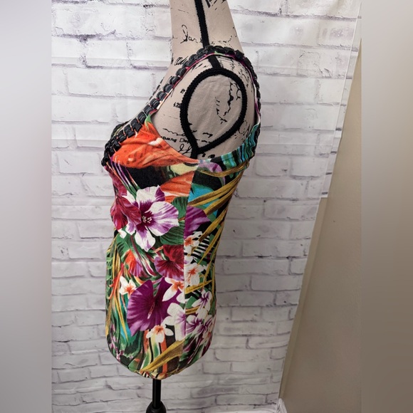 Cache Sz S Y2K Beaded Tropical Tank top Scoop Neck Hibiscus Floral Bold Mob Wife - Picture 2 of 13